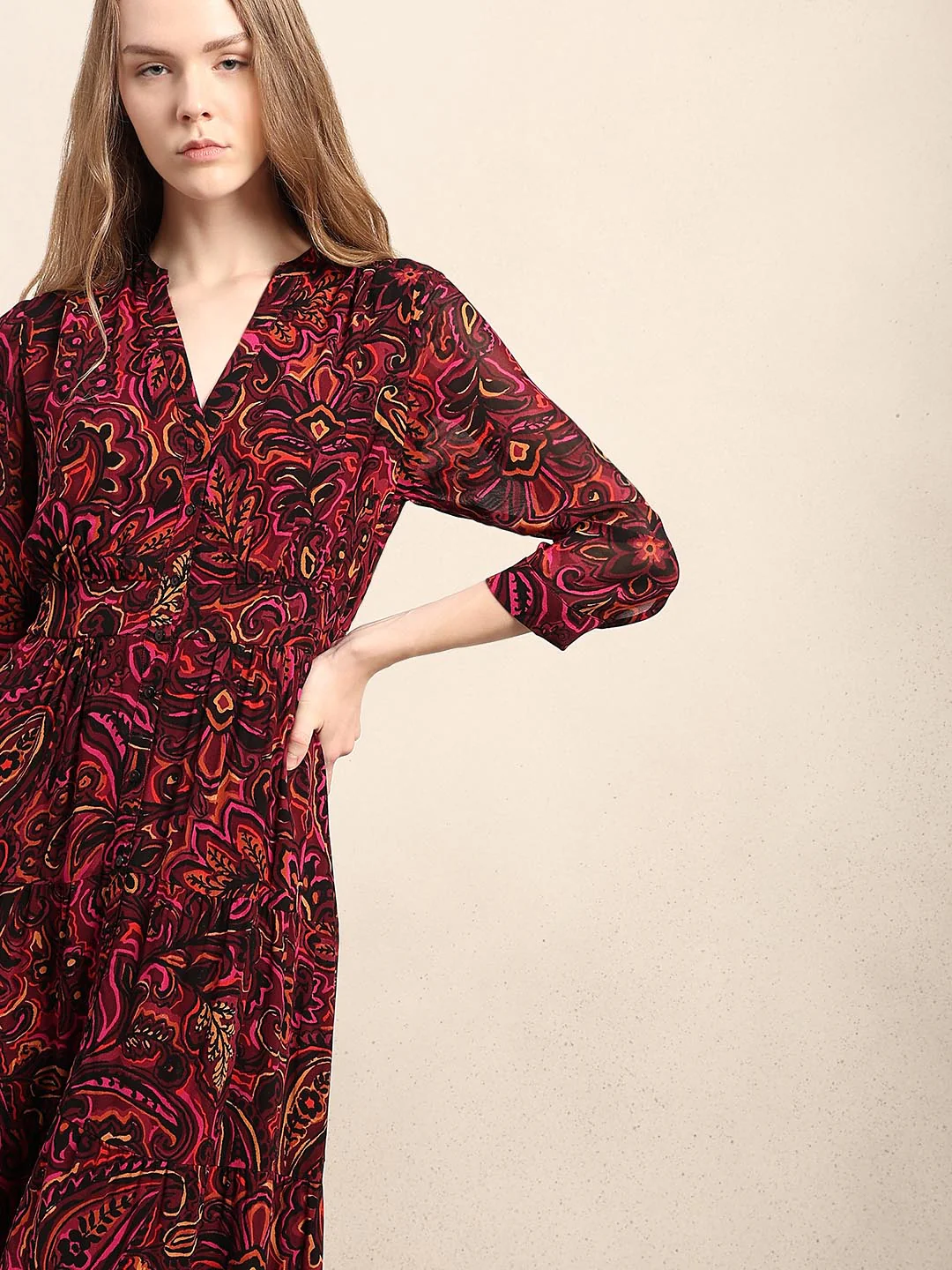 Maroon Printed V-Neck Dress - Image 5