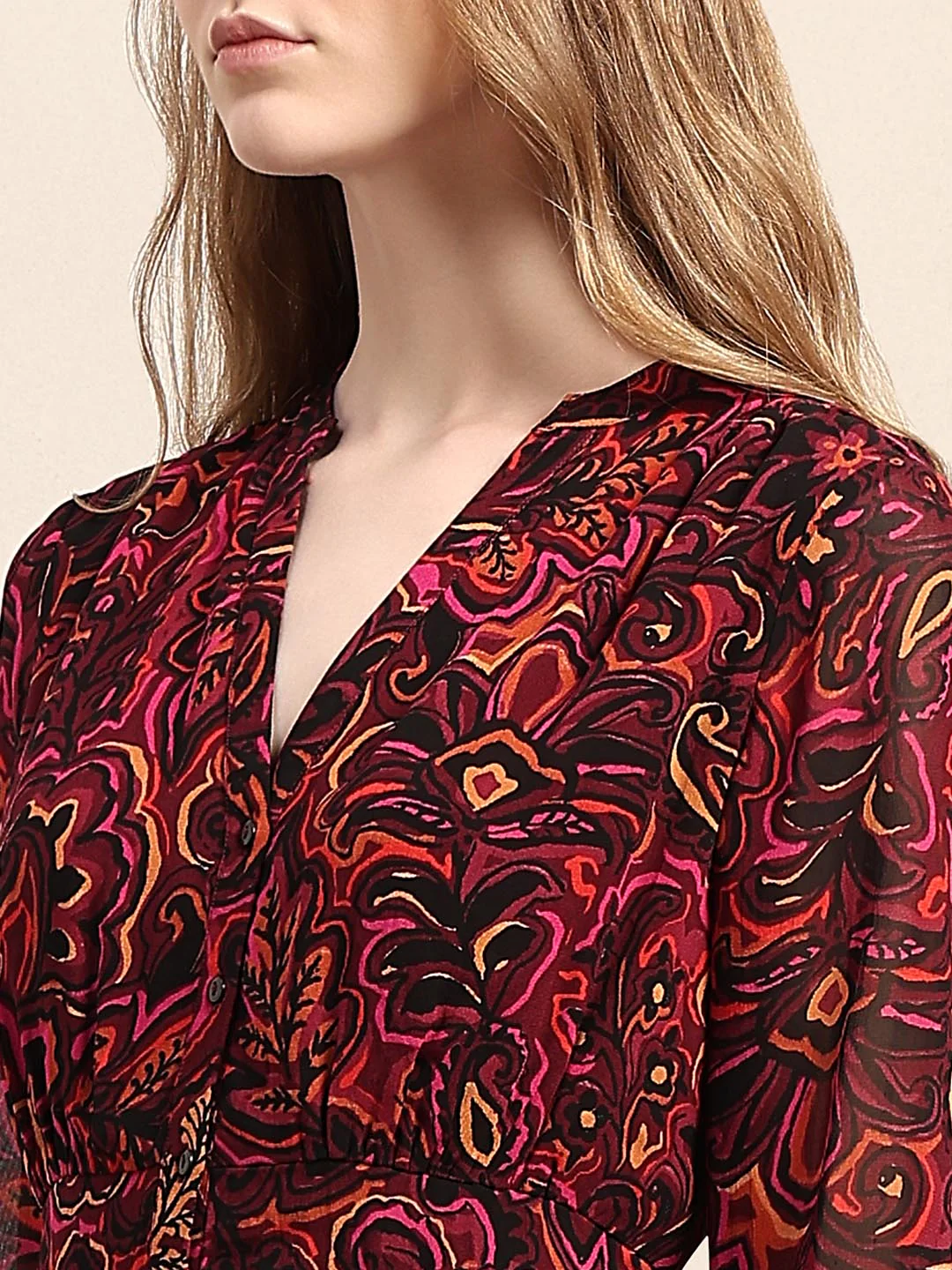 Maroon Printed V-Neck Dress - Image 6