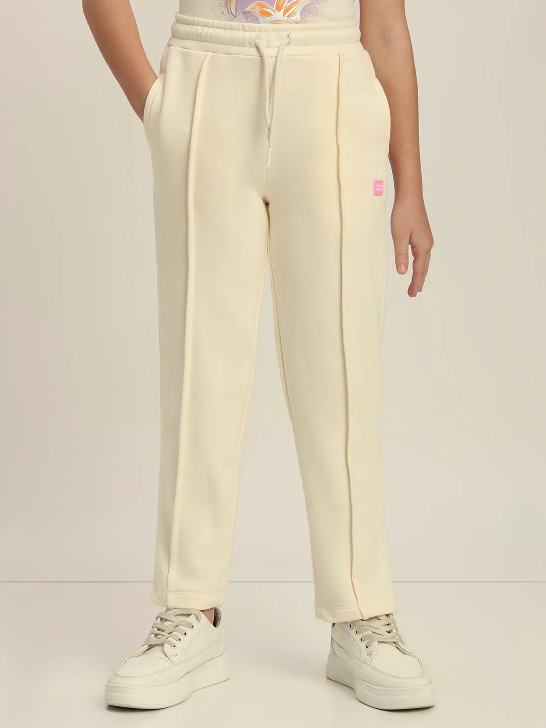 Girls Cream Fleece Joggers - Image 2