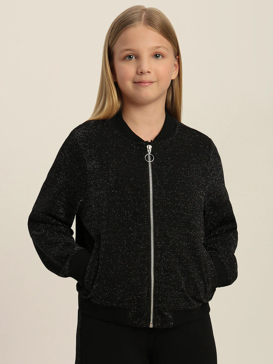 Girls Black Glitter Bomber Jacket - Image 2