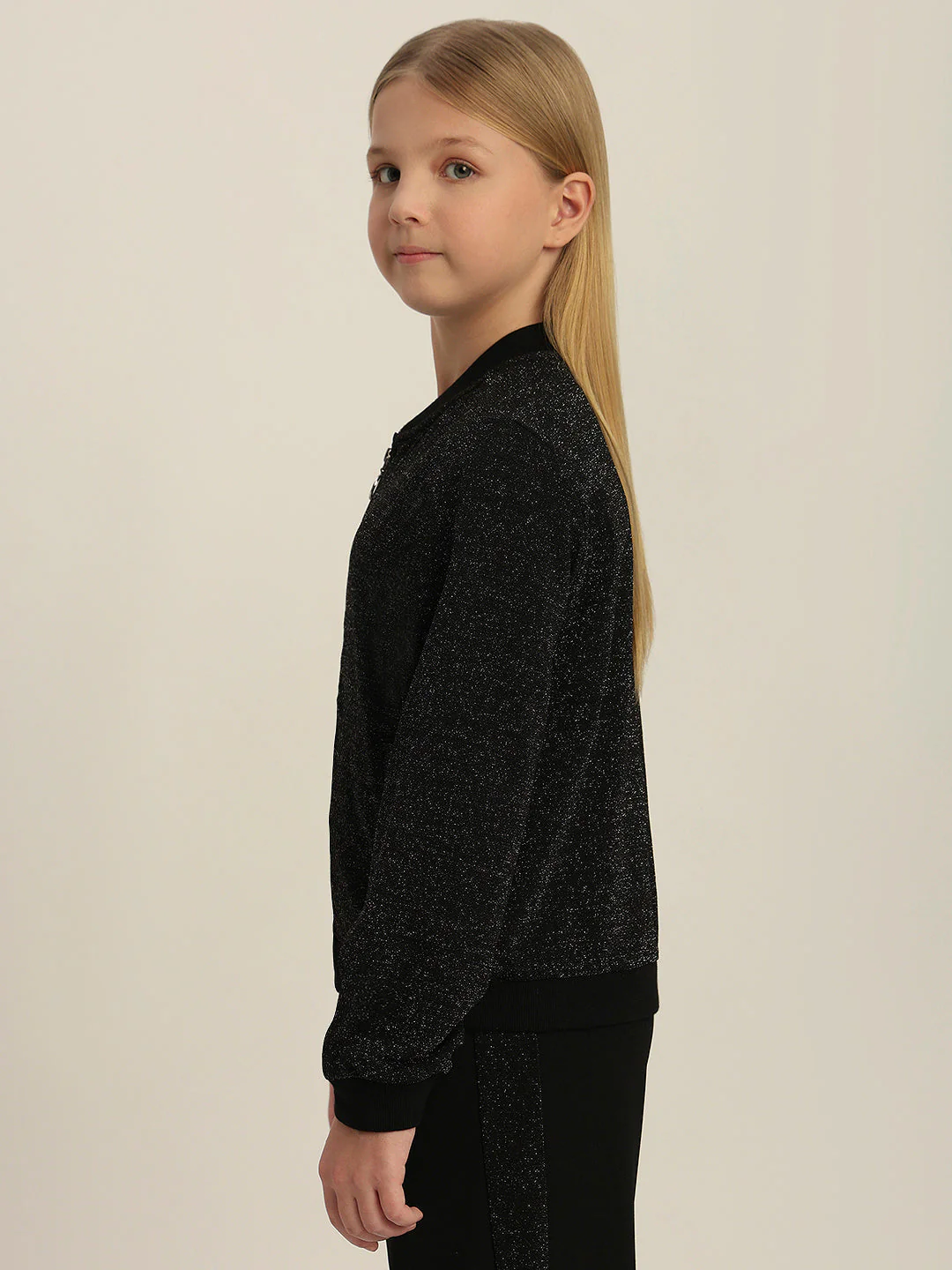 Girls Black Glitter Bomber Jacket - Image 3