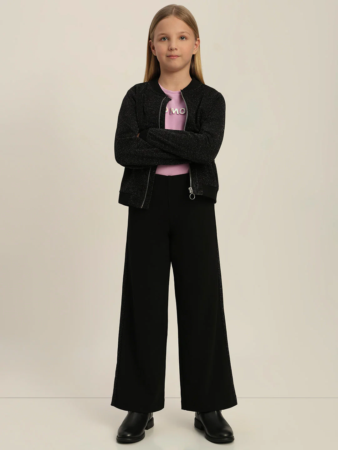 Girls Black Glitter Bomber Jacket - Image 5