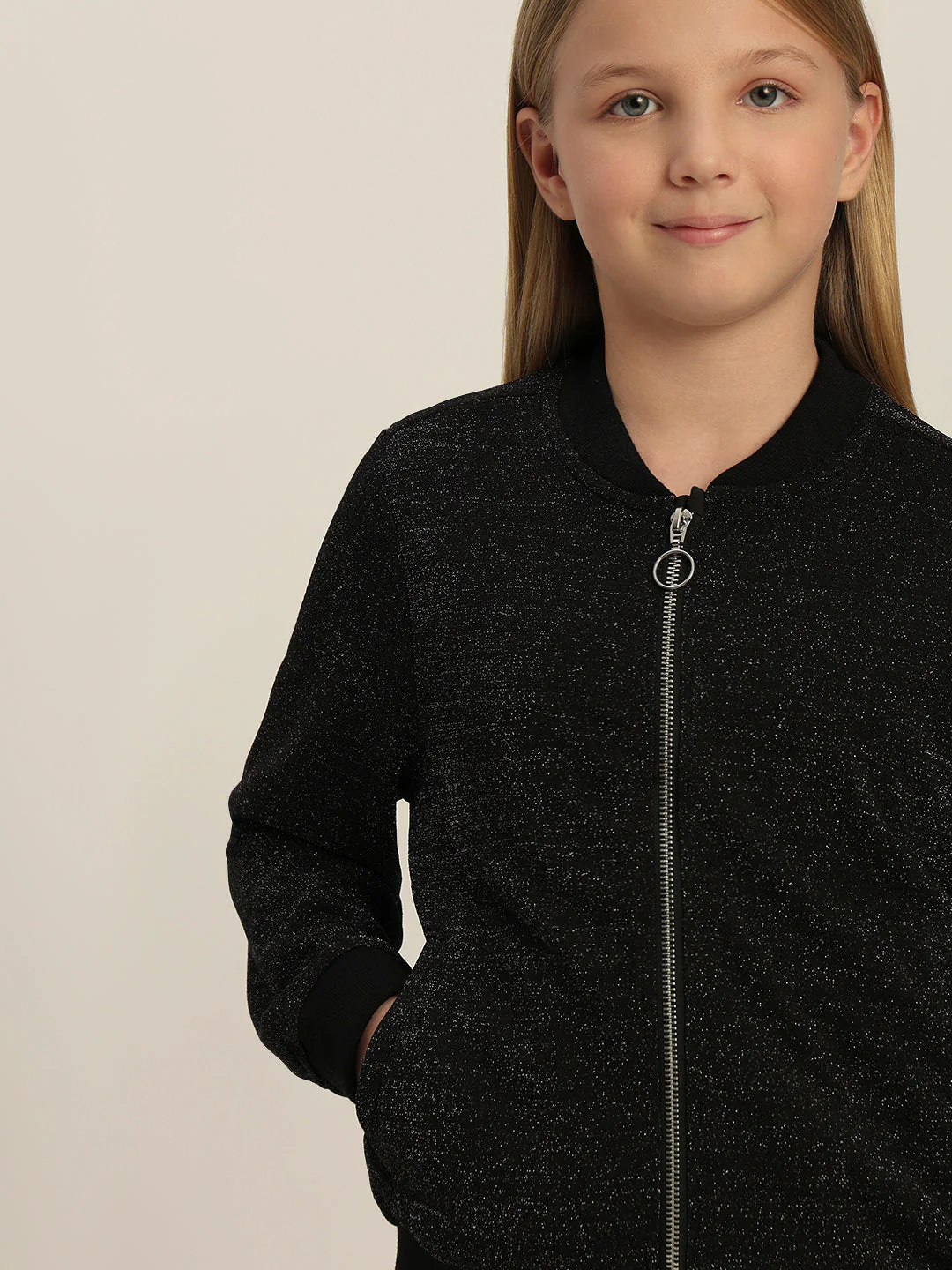 Girls Black Glitter Bomber Jacket - Image 6