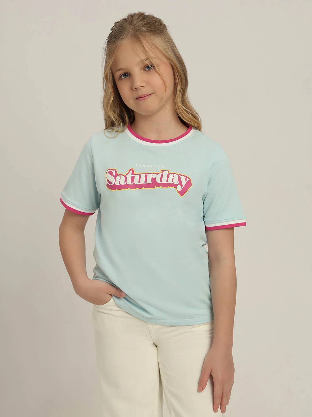 GIRLS Sky Blue Printed T-shirt - Image 2