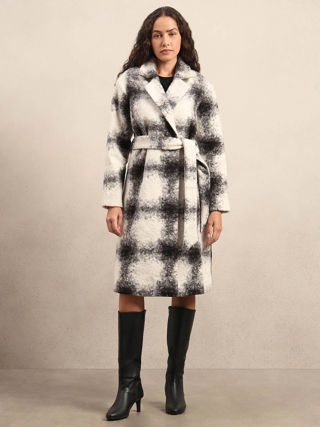 Black & White Check Belted Coat - Image 2