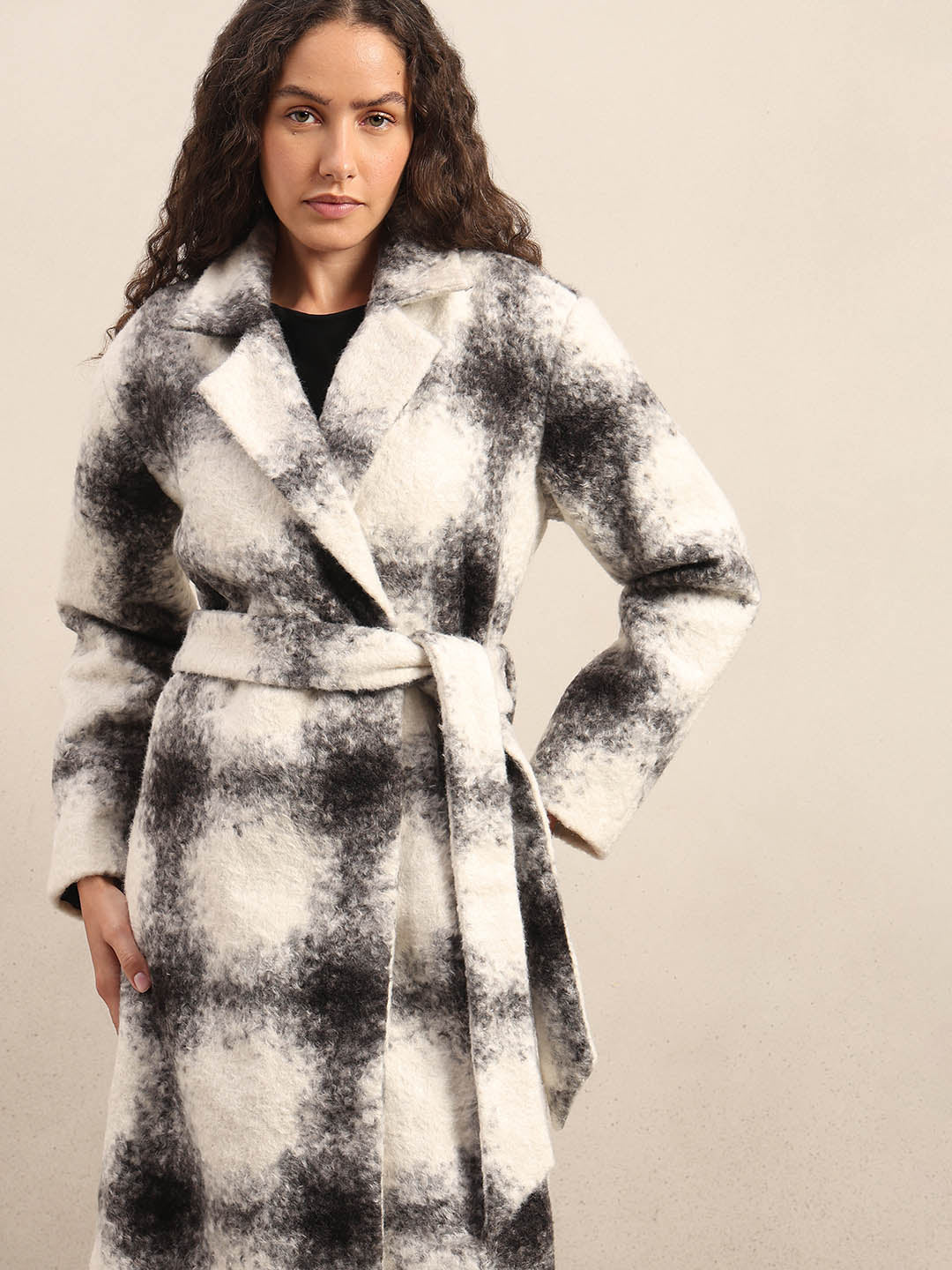 Black & White Check Belted Coat - Image 5