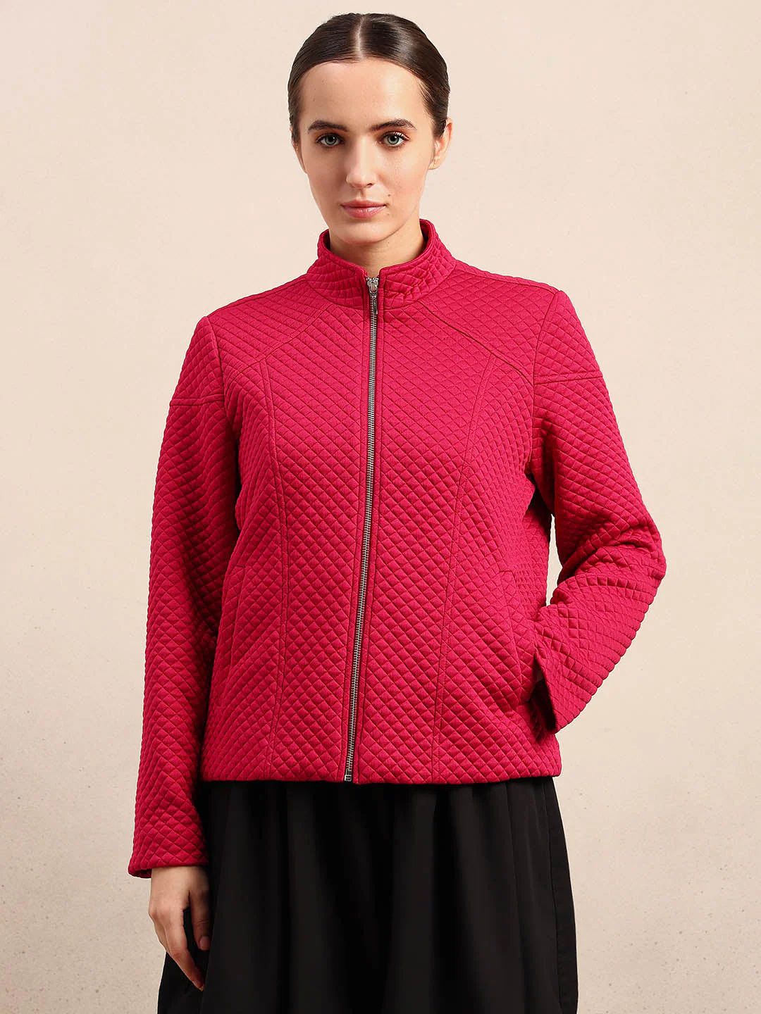 Berry Red Quilted Zip Jacket - Image 2