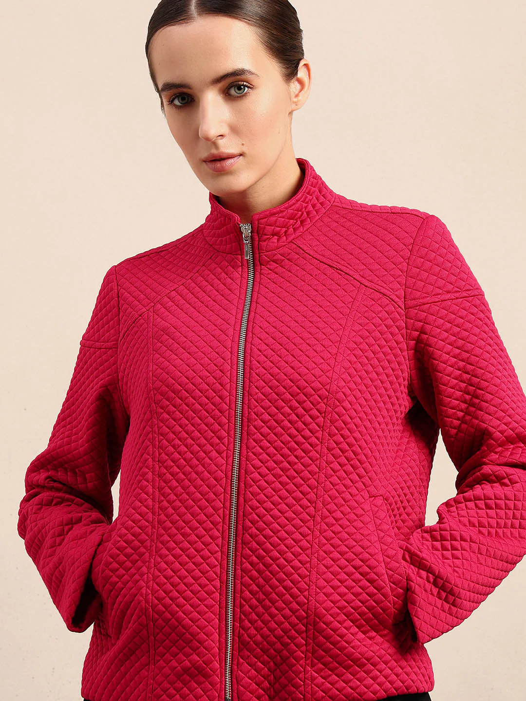 Berry Red Quilted Zip Jacket - Image 6