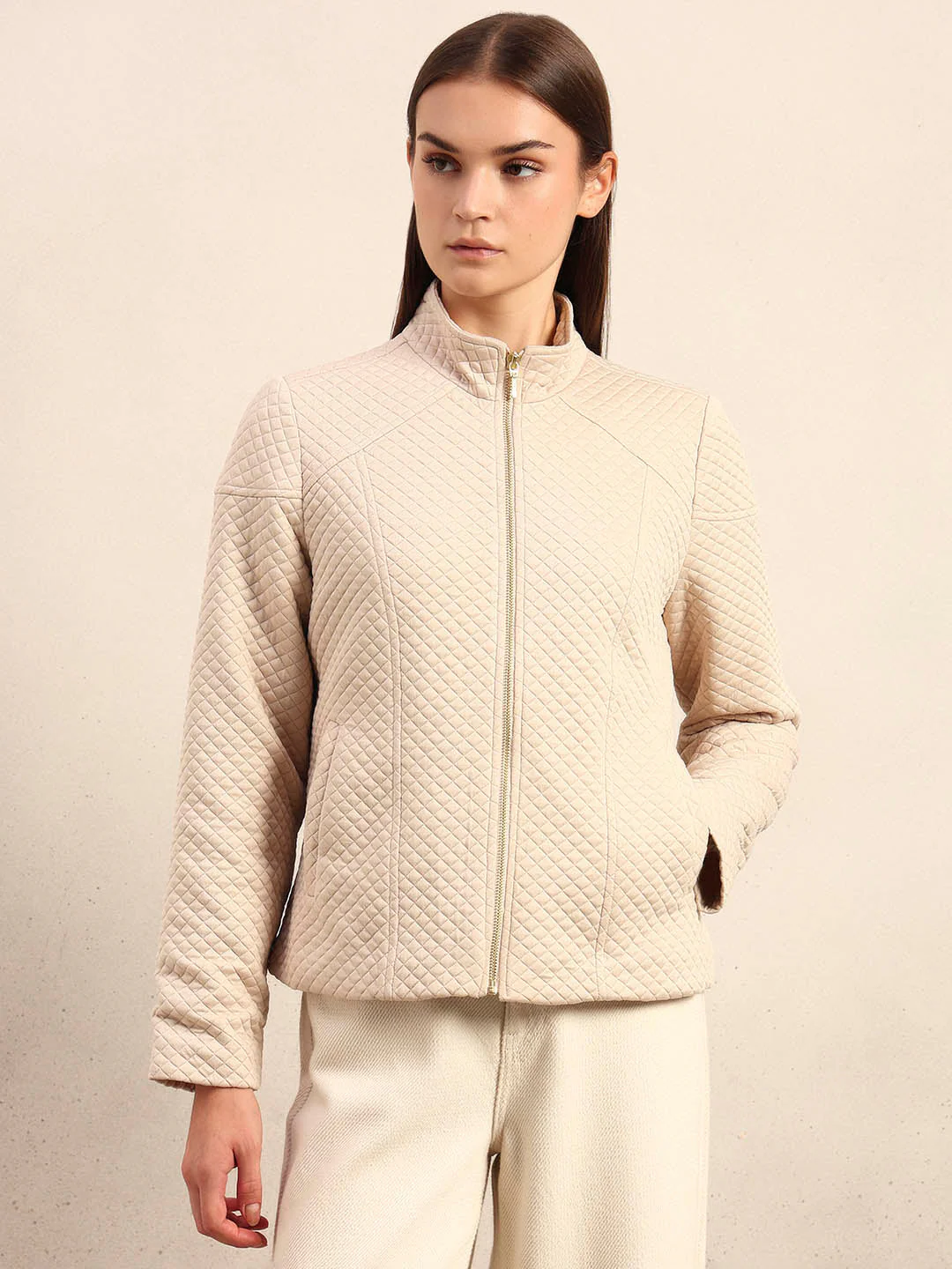 Cream Quilted Zip Jacket - Image 2