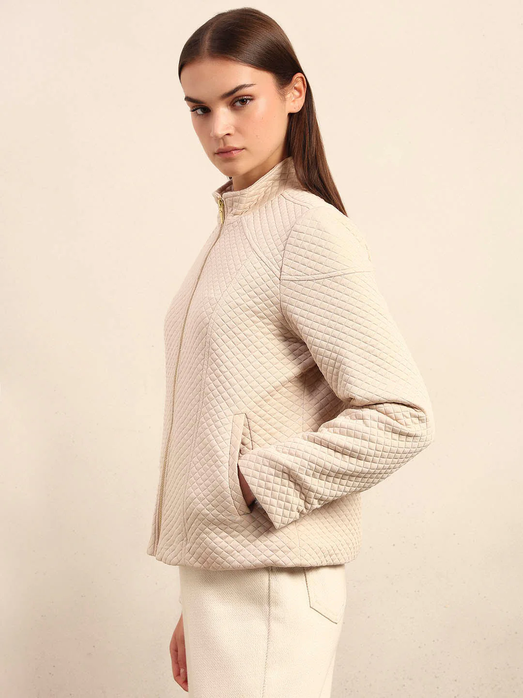 Cream Quilted Zip Jacket - Image 3