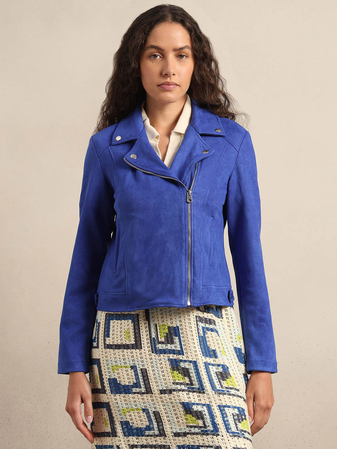 Blue Faux Suede Biker Jacket - Image 2
