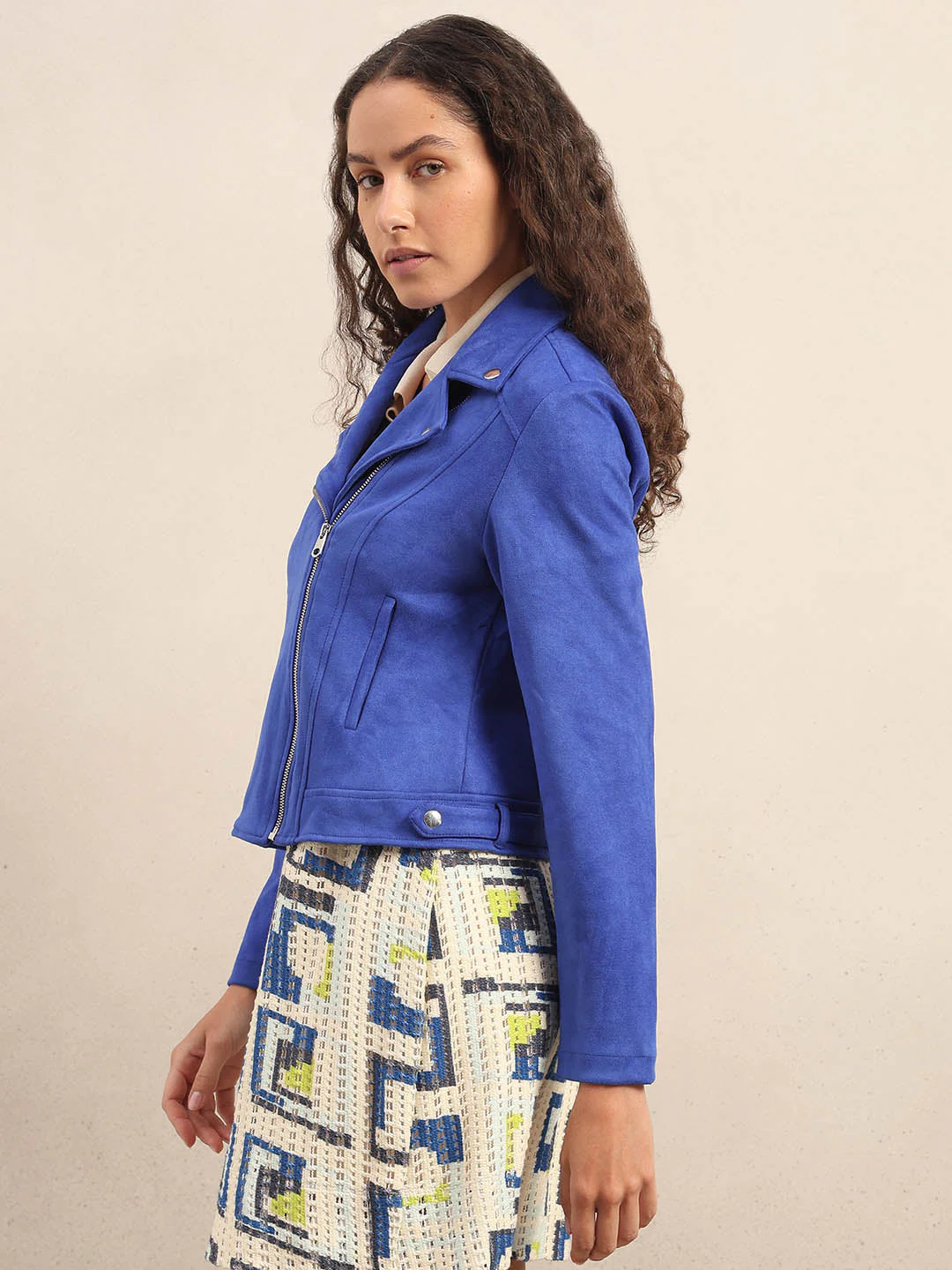 Blue Faux Suede Biker Jacket - Image 3