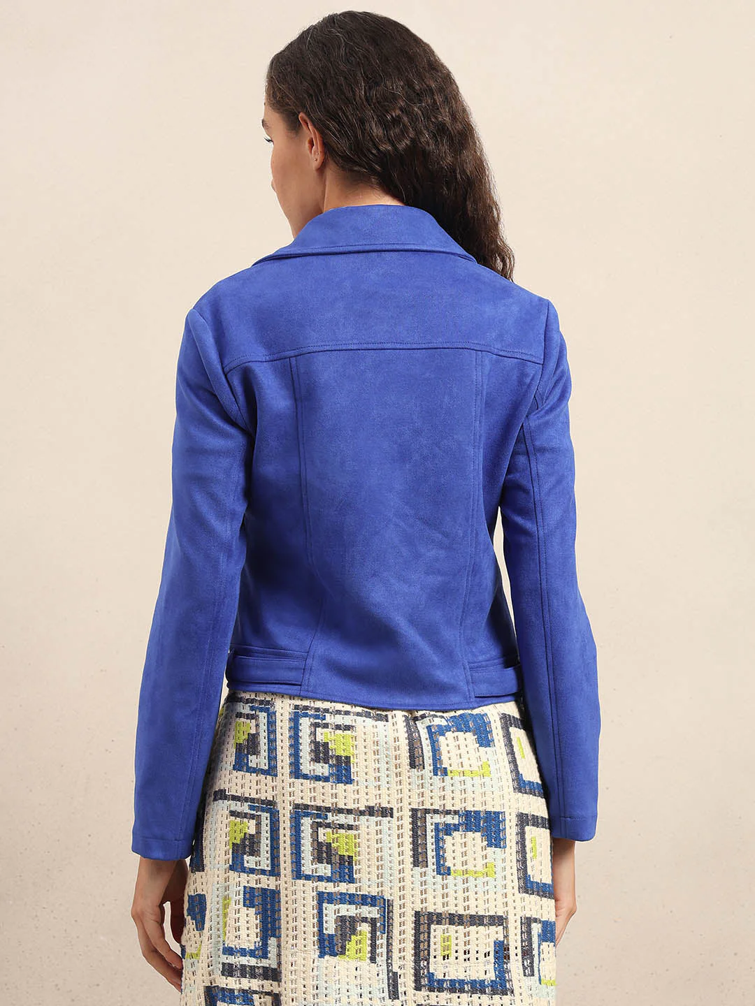 Blue Faux Suede Biker Jacket - Image 4