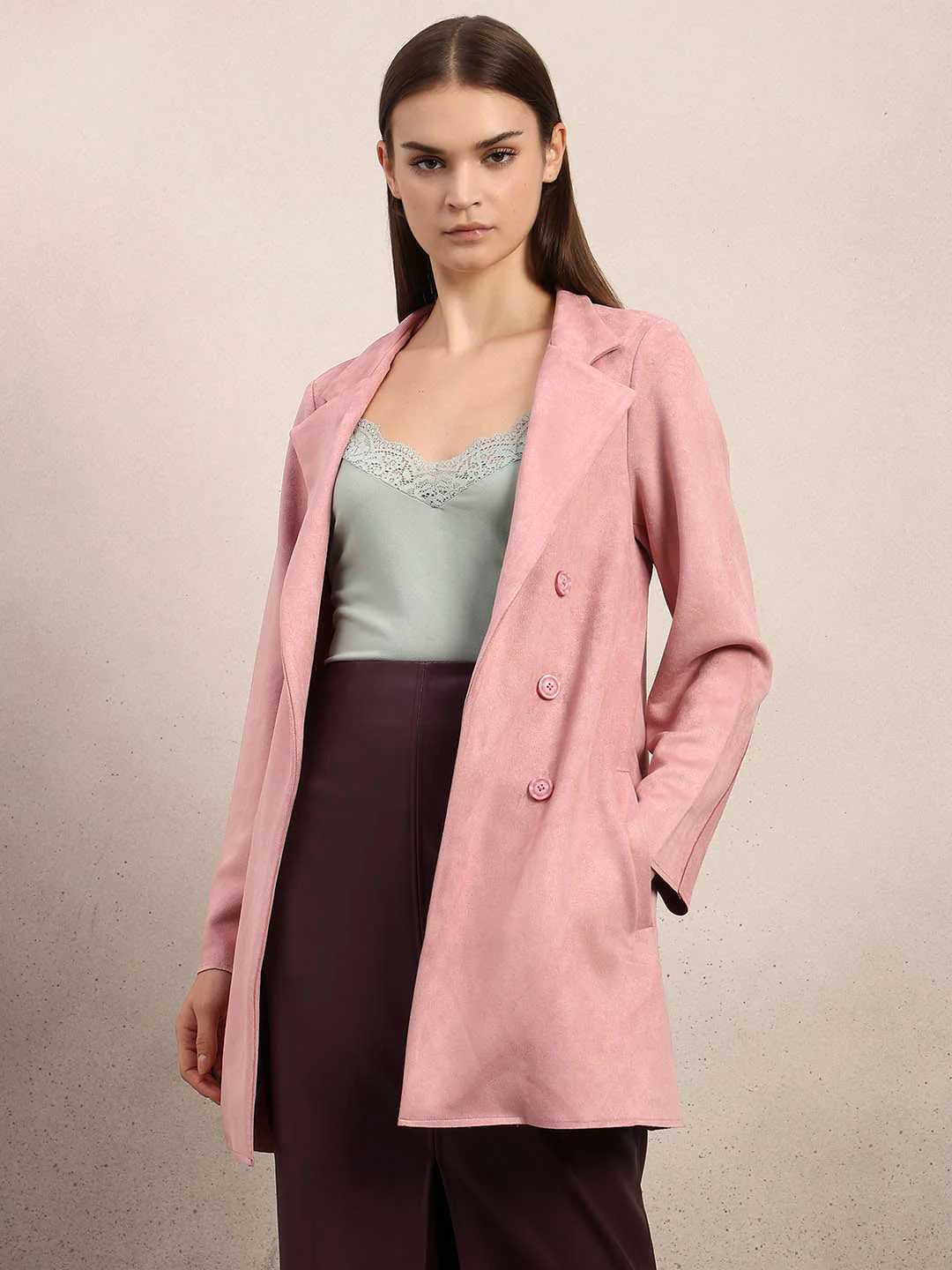 Pink Long Faux Suede Coat - Image 2