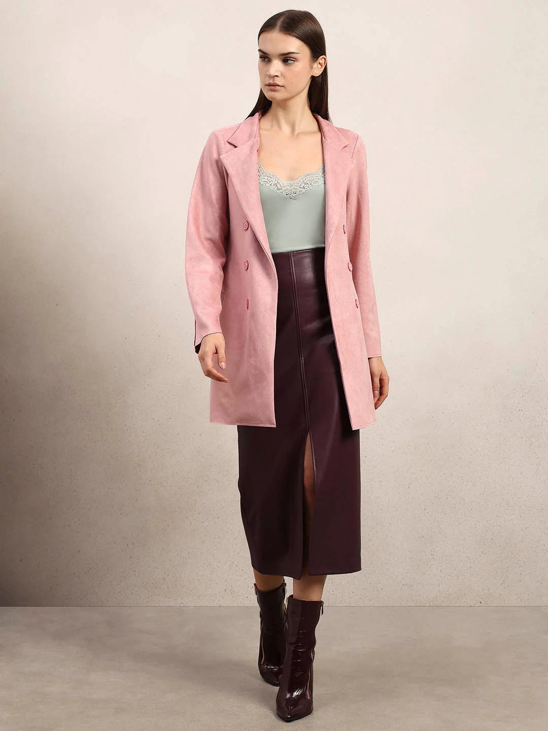 Pink Long Faux Suede Coat - Image 5