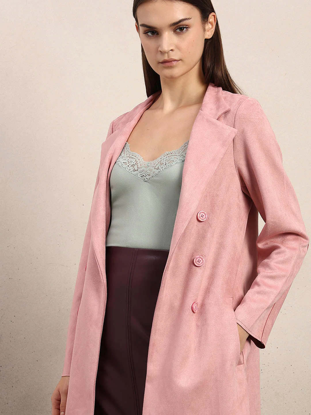 Pink Long Faux Suede Coat - Image 6