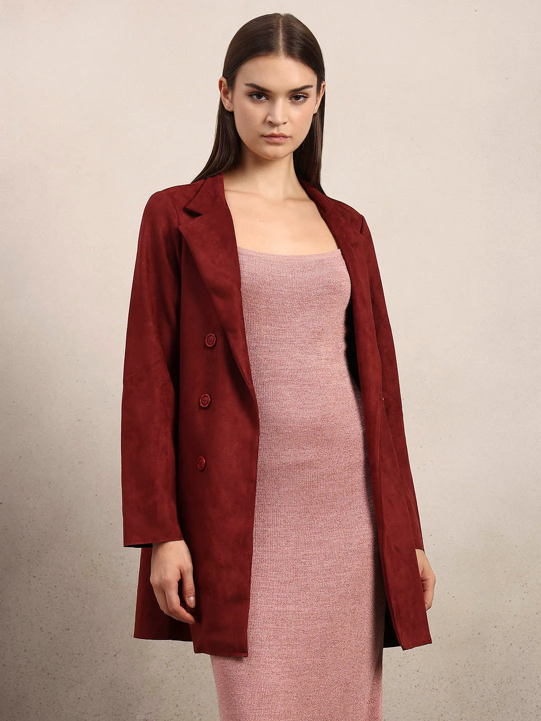Reddish Brown Long Faux Suede Coat - Image 2