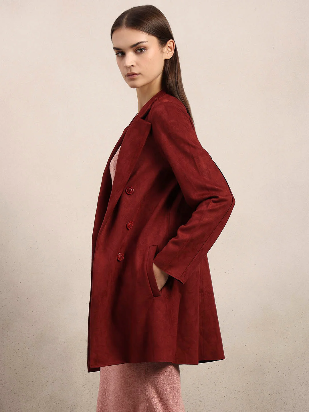 Reddish Brown Long Faux Suede Coat - Image 3