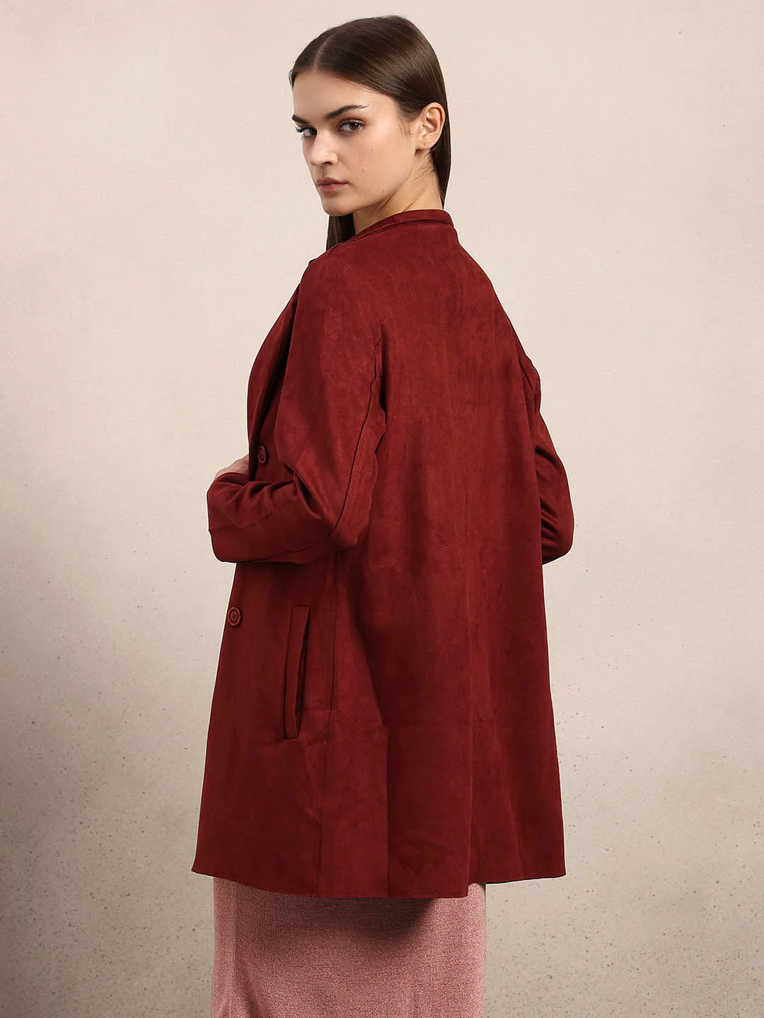 Reddish Brown Long Faux Suede Coat - Image 4