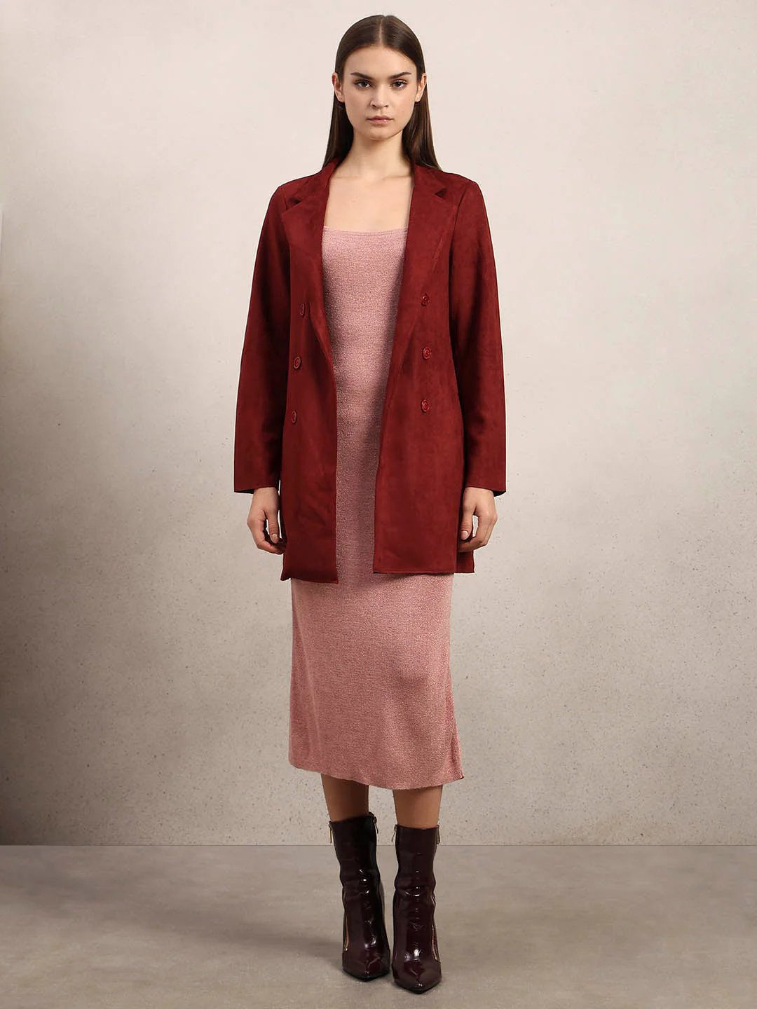 Reddish Brown Long Faux Suede Coat - Image 5