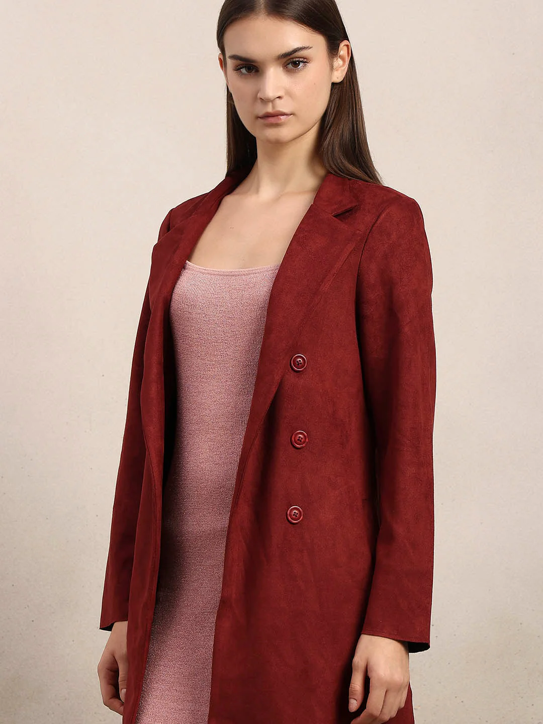 Reddish Brown Long Faux Suede Coat - Image 6