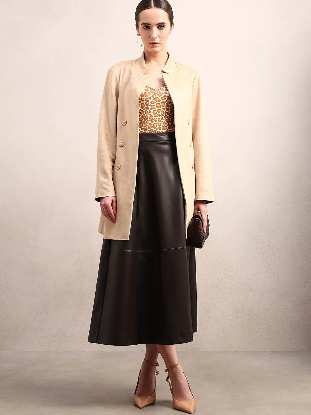 Beige Long Faux Suede Coat