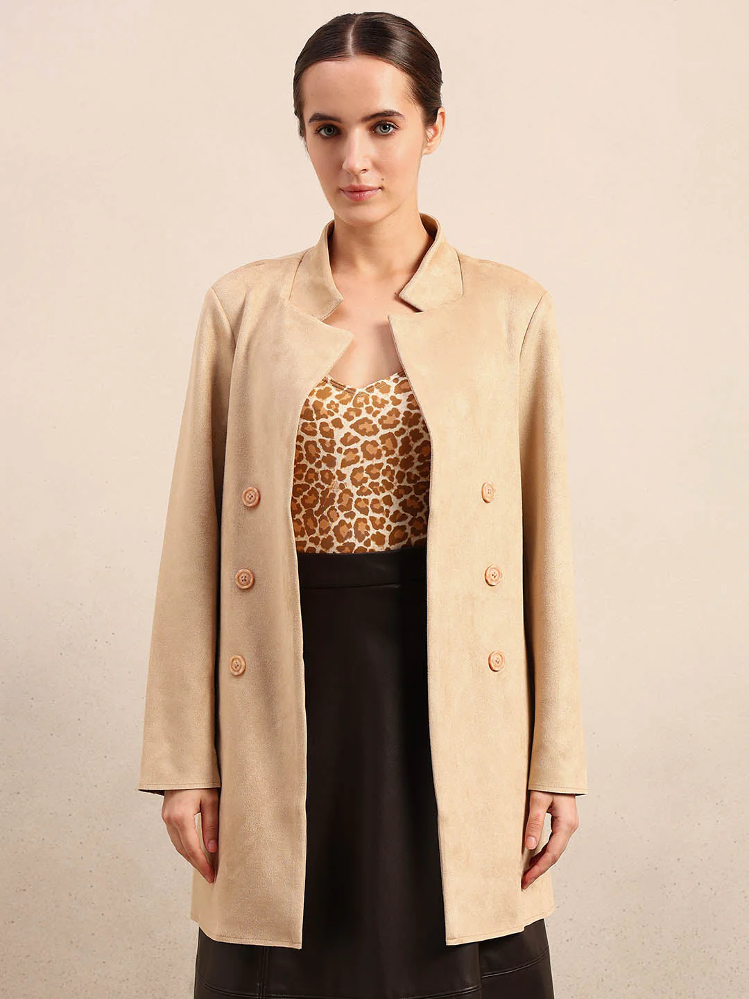 Beige Long Faux Suede Coat - Image 2