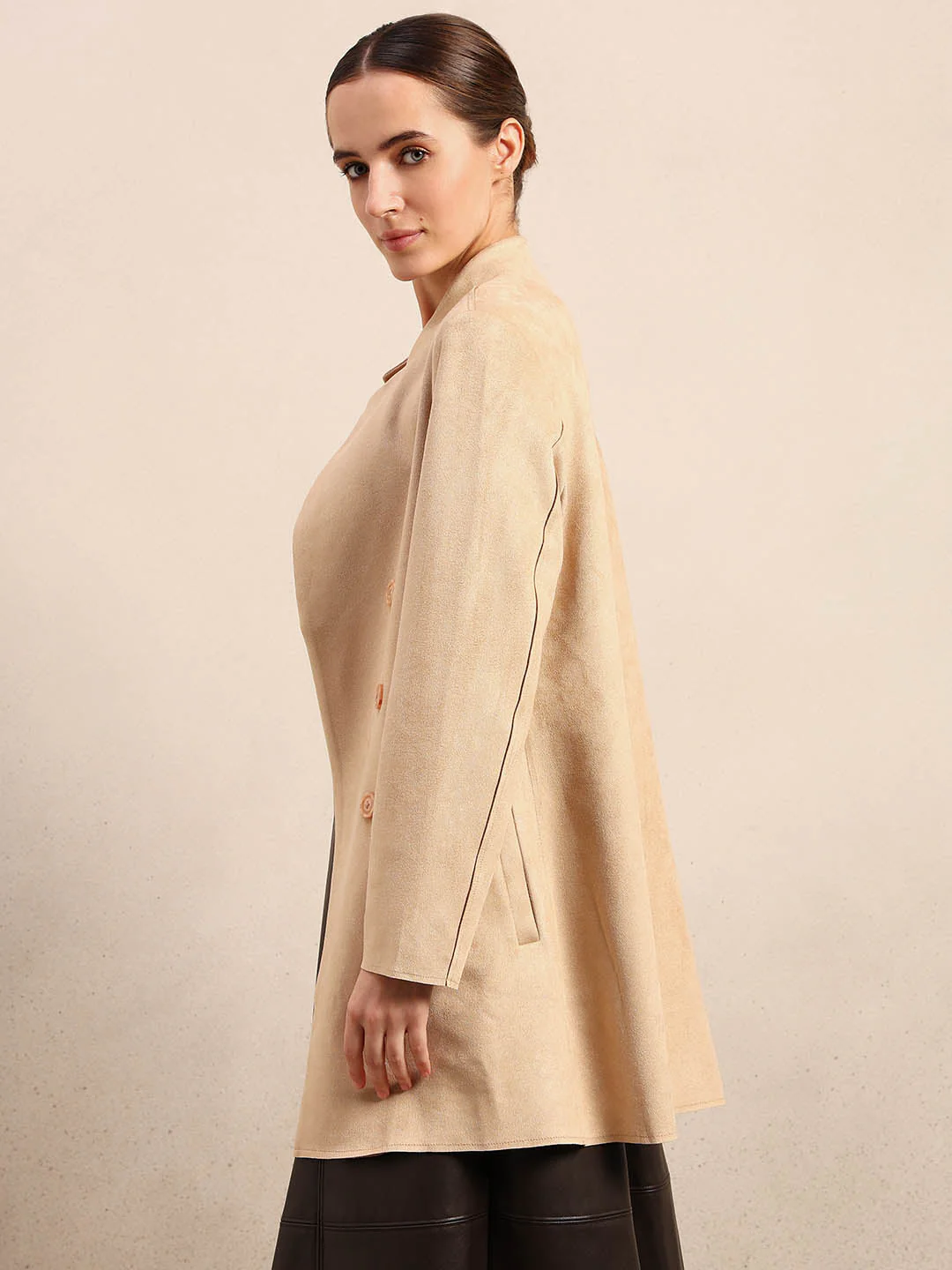 Beige Long Faux Suede Coat - Image 3