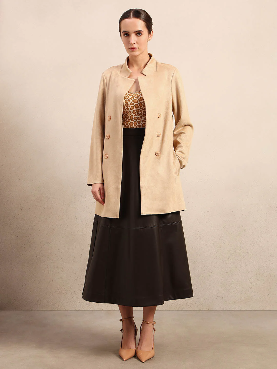 Beige Long Faux Suede Coat - Image 5