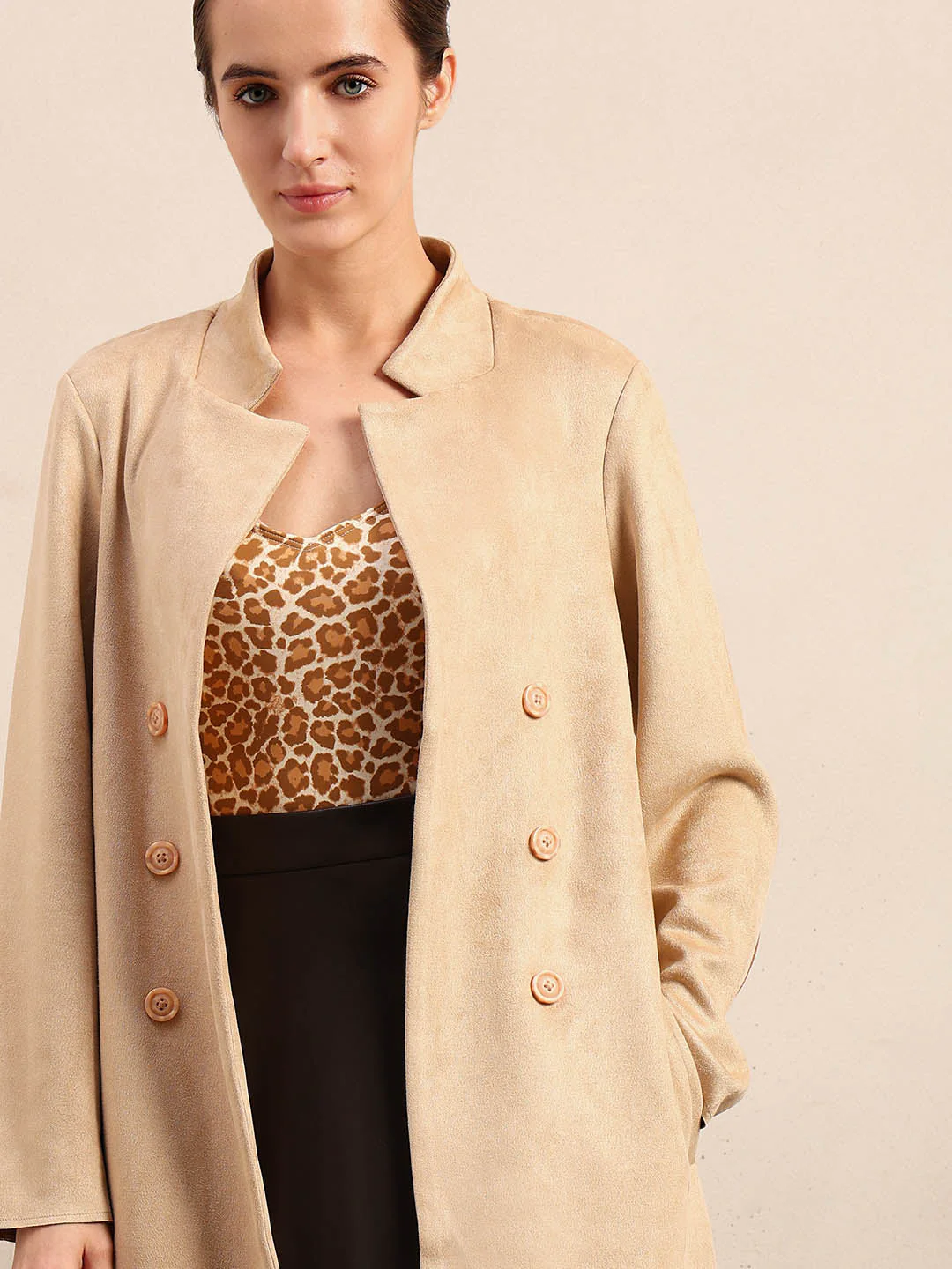 Beige Long Faux Suede Coat - Image 6