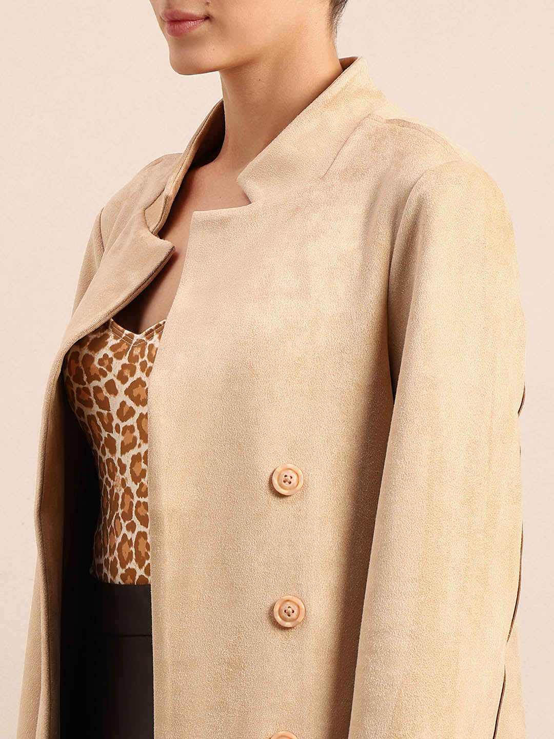 Beige Long Faux Suede Coat - Image 8