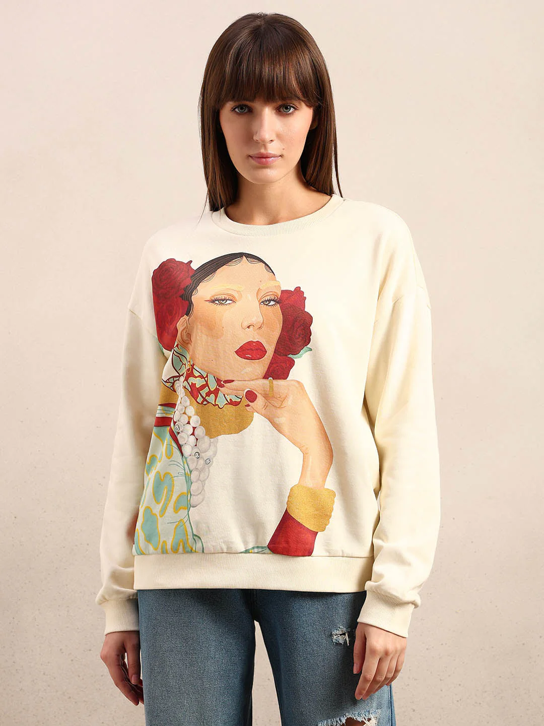Graphic Print Cotton Sweatshirt - Beige - Image 2