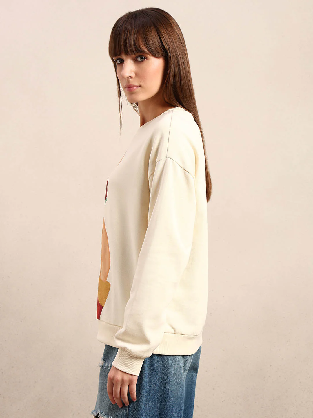 Graphic Print Cotton Sweatshirt - Beige - Image 3