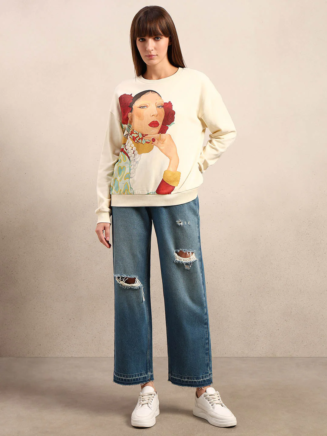 Graphic Print Cotton Sweatshirt - Beige - Image 5