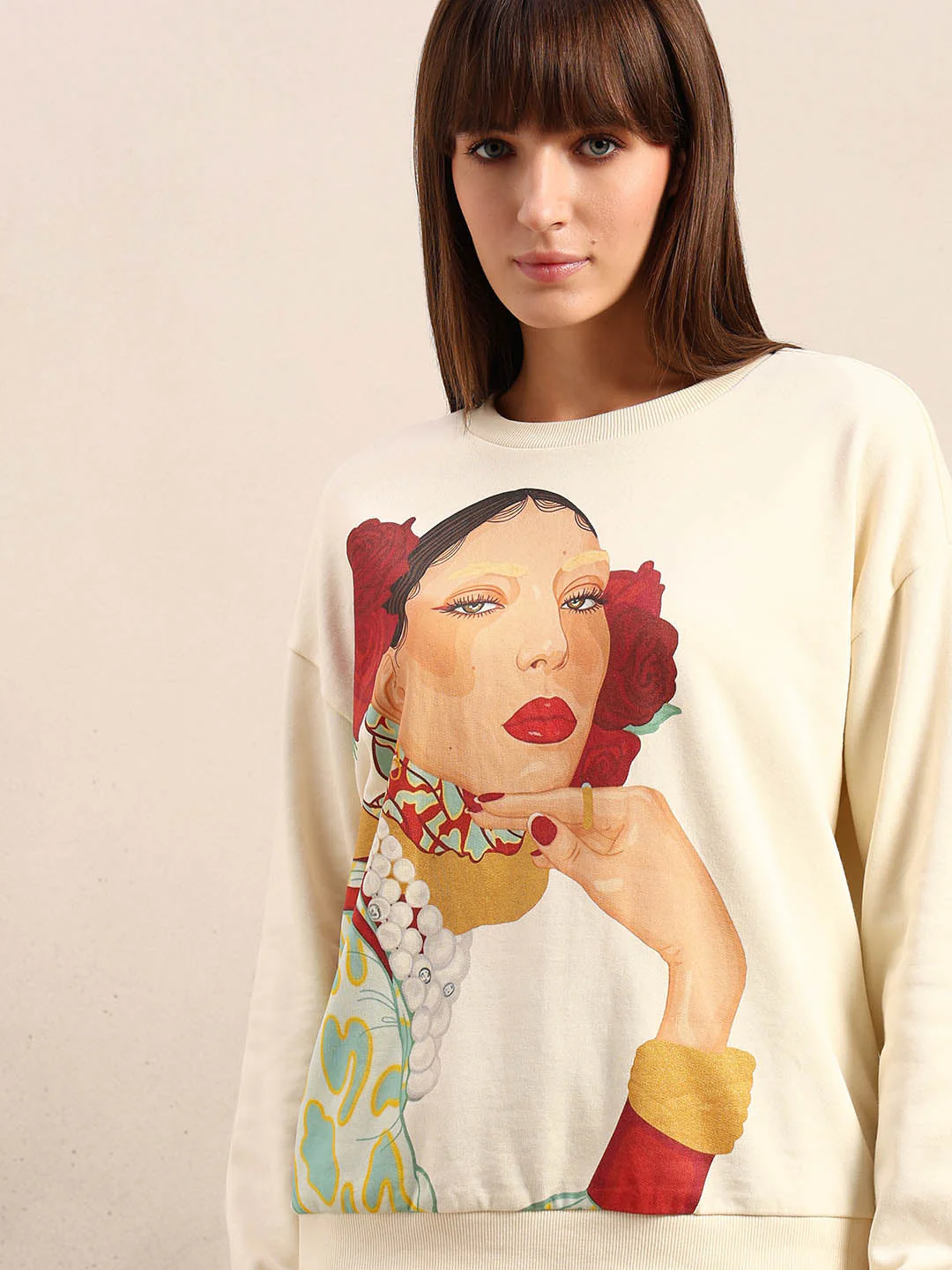 Graphic Print Cotton Sweatshirt - Beige - Image 6