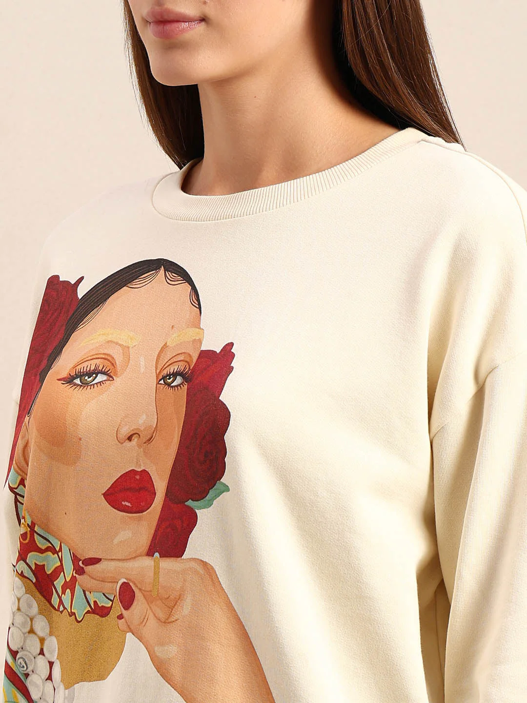 Graphic Print Cotton Sweatshirt - Beige - Image 8