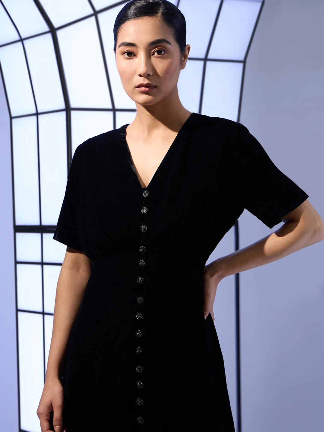 Velour Button Front Midi Dress - Image 5