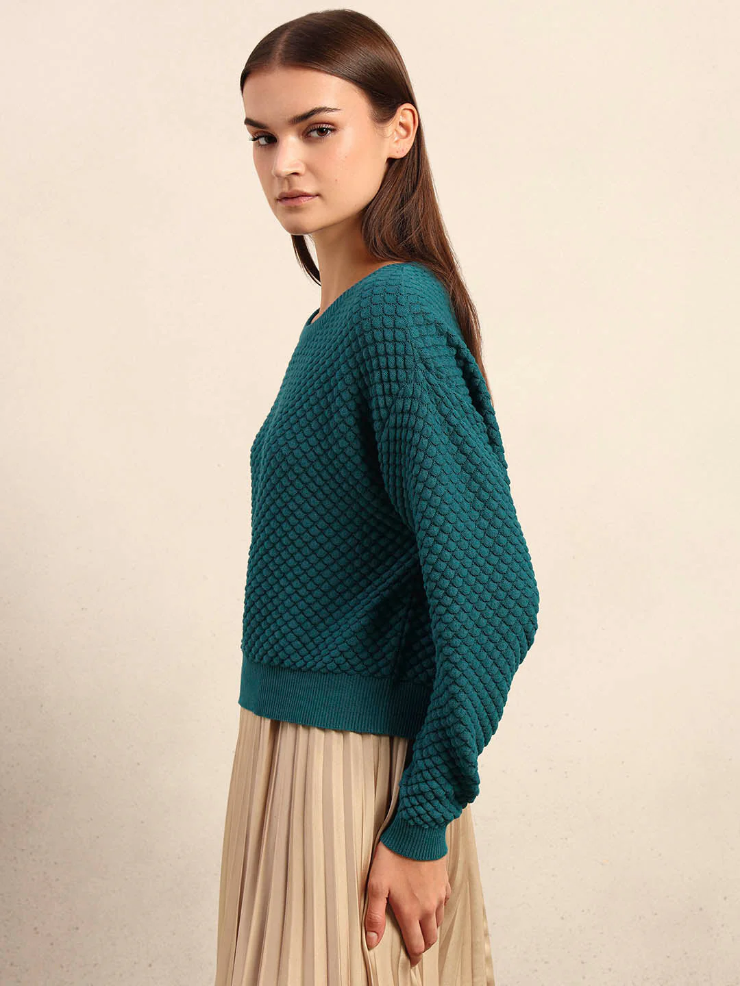 Teal Textured Knit Pullover - Image 3
