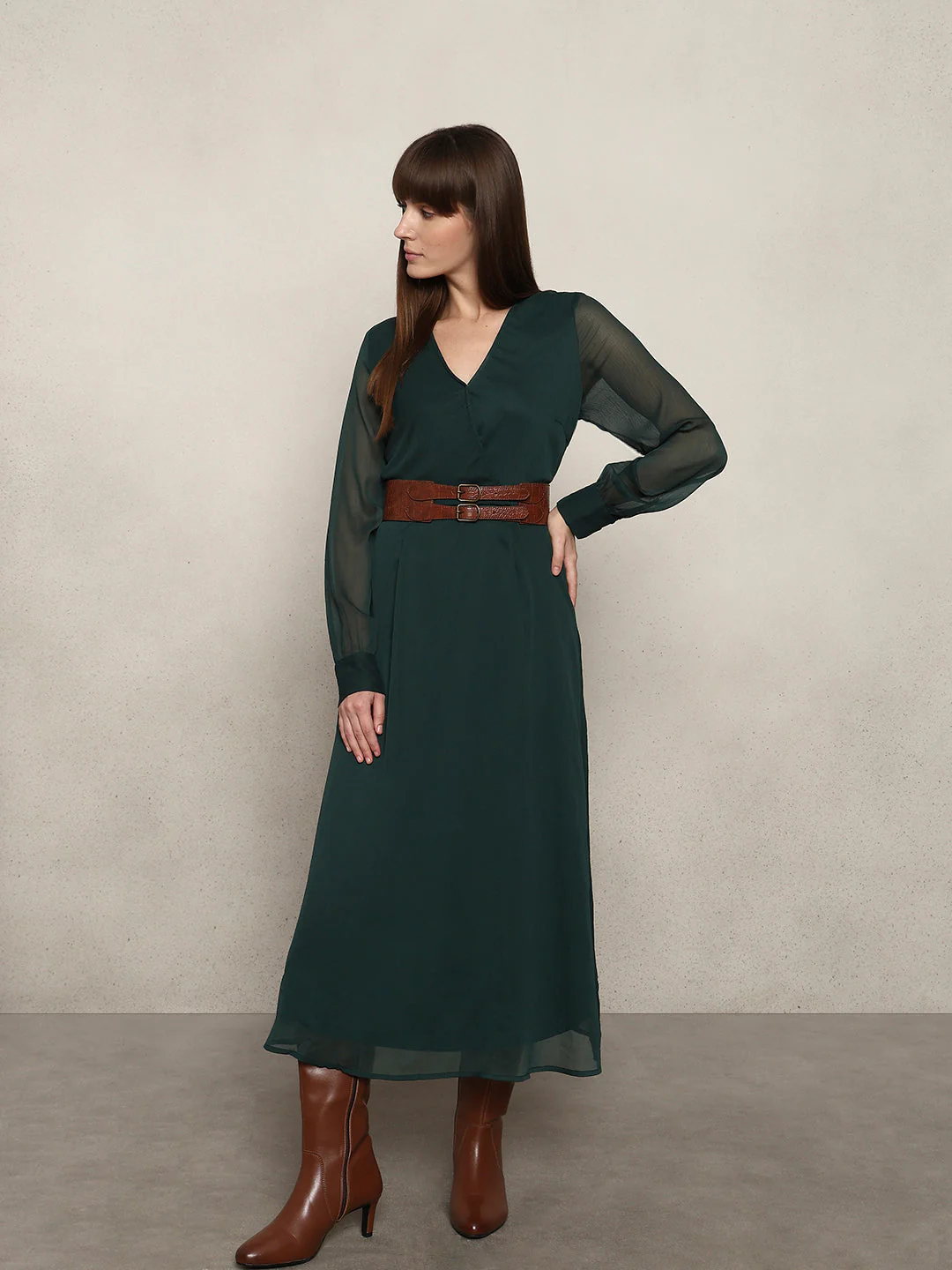 Sheer Sleeves Chiffon Midi Dress