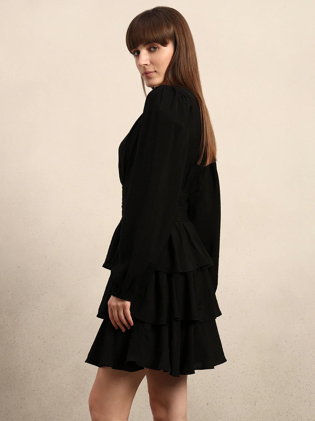 Puff Sleeves O-Neck Mini Dress - Image 3