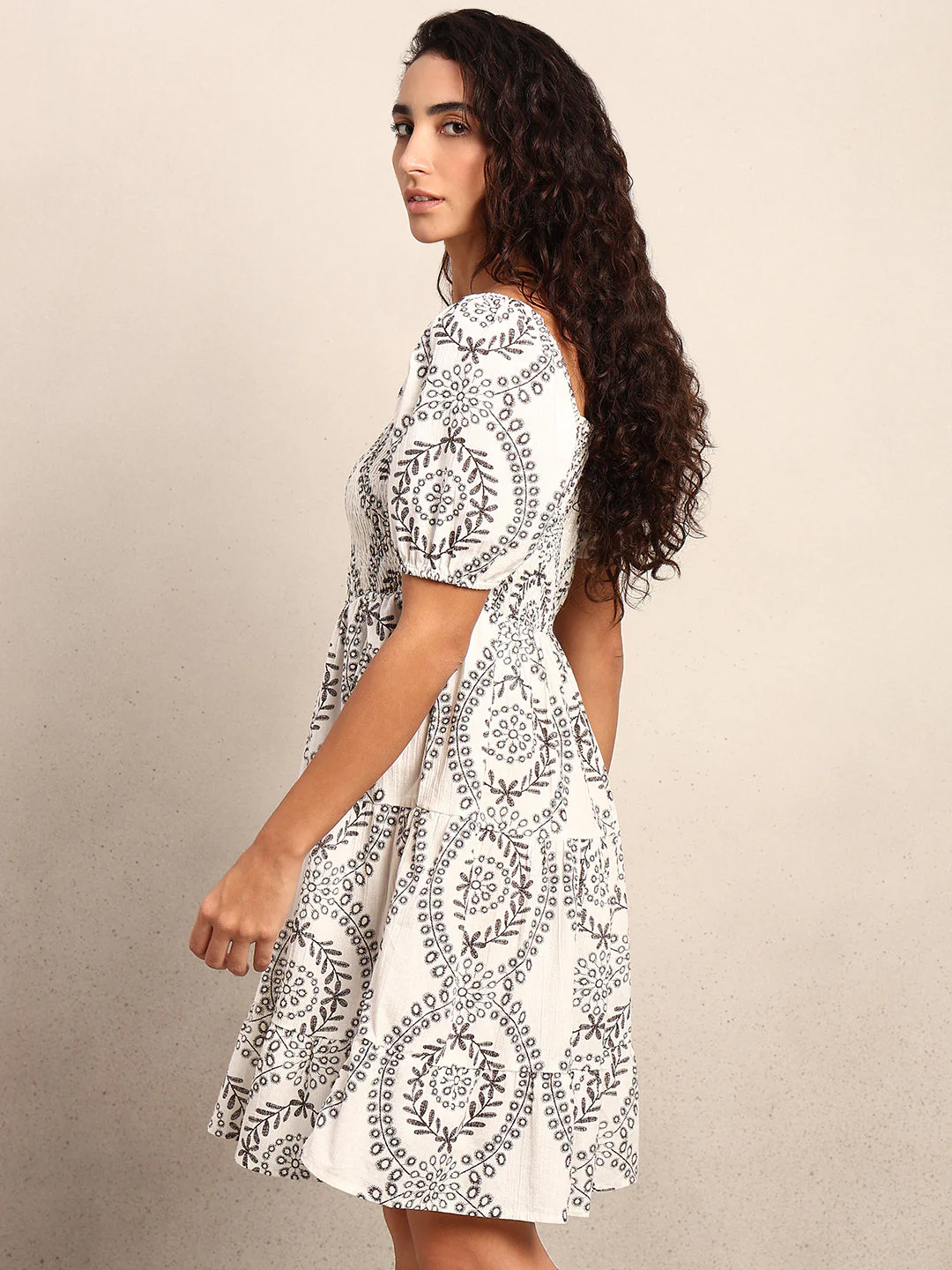 Smocked Organic Cotton Dress - Brown - Image 3