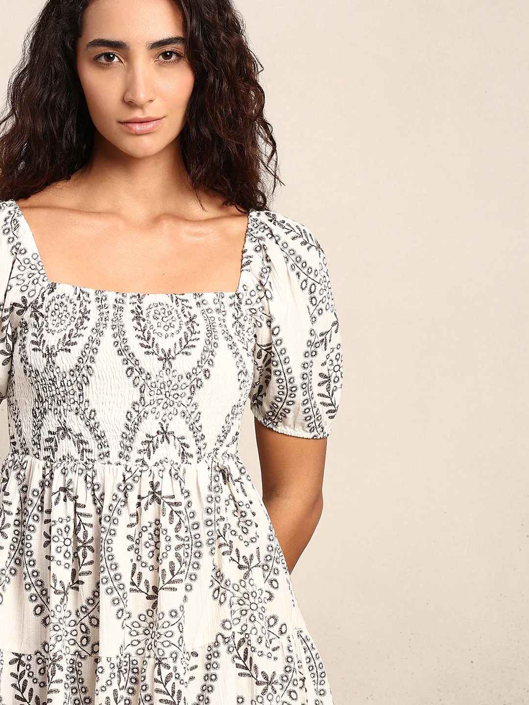 Smocked Organic Cotton Dress - Brown - Image 6