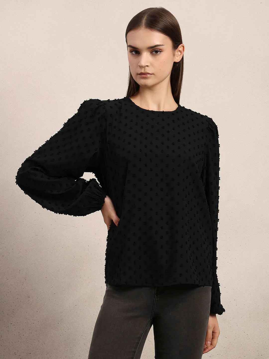 Black Textured O-Neck Top - Image 2