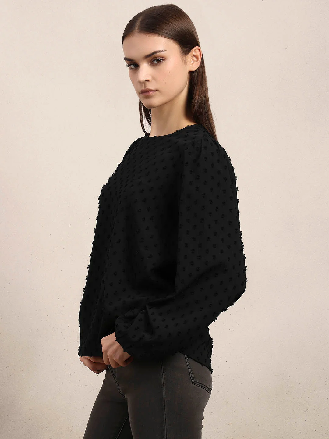 Black Textured O-Neck Top - Image 3
