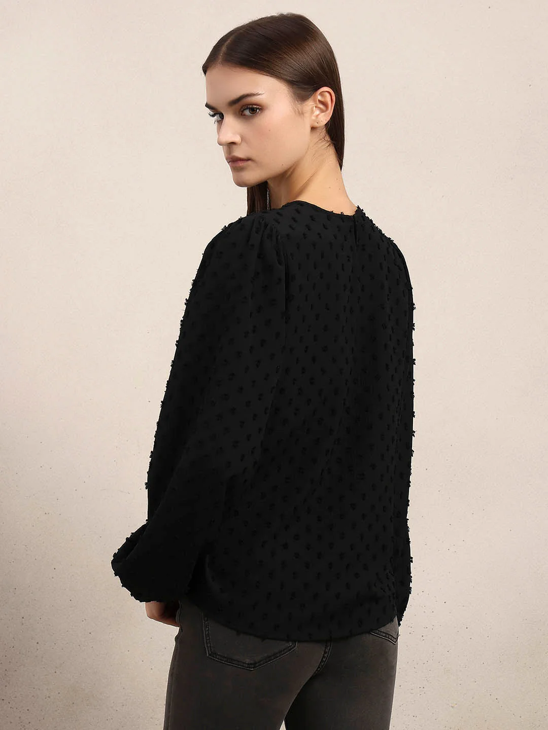 Black Textured O-Neck Top - Image 4