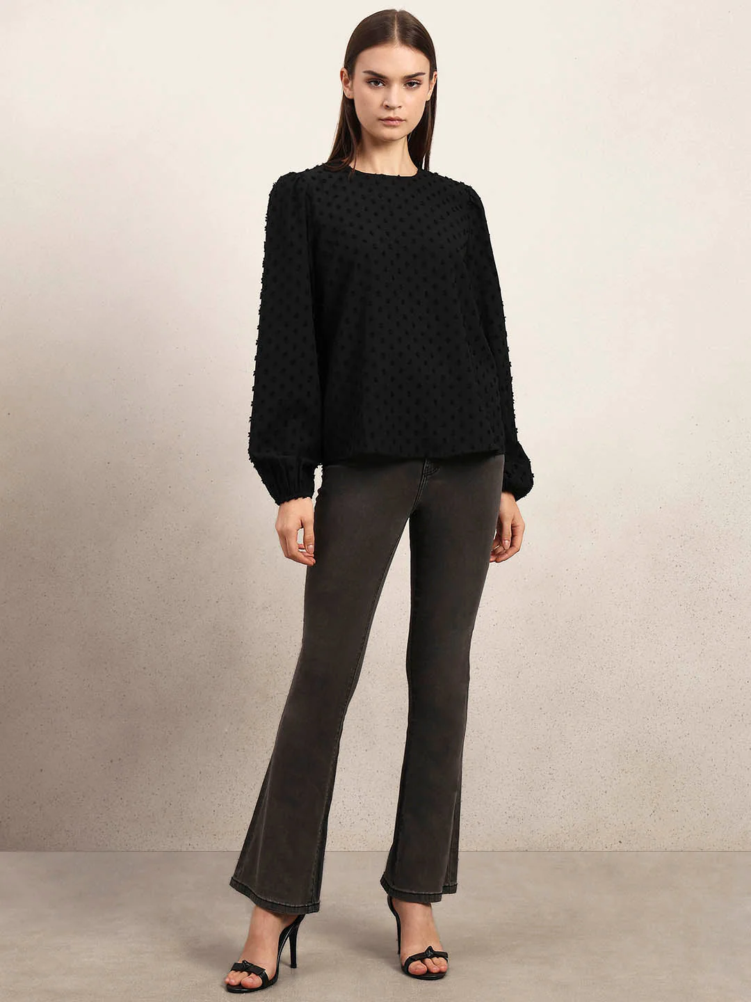 Black Textured O-Neck Top - Image 5