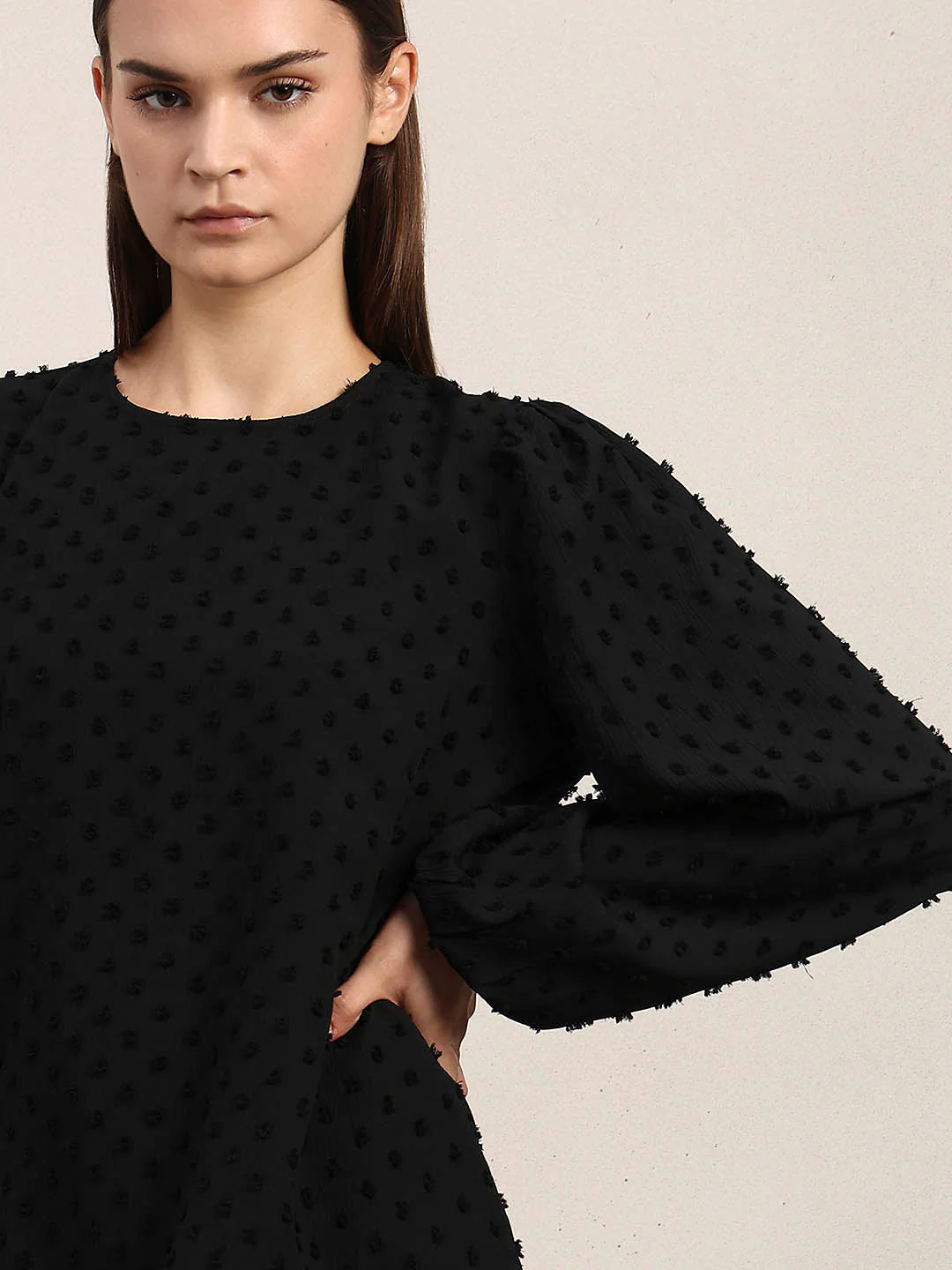 Black Textured O-Neck Top - Image 6