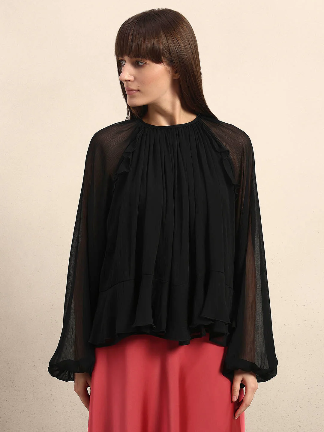 Sheer Ruffle Top - Black - Image 2