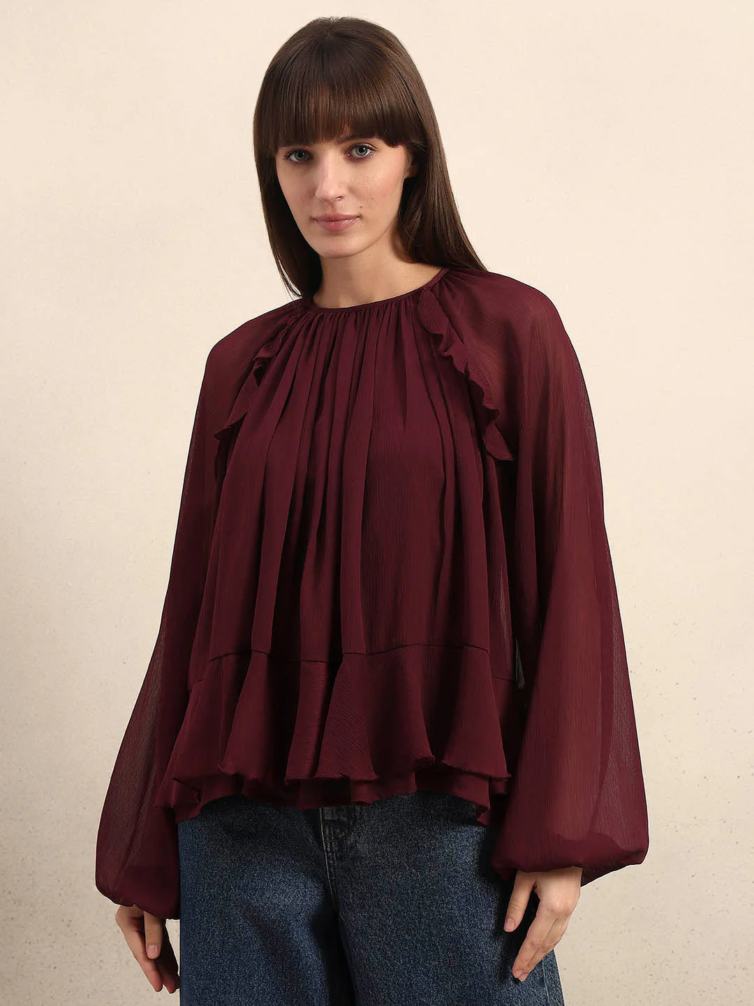 Sheer Ruffle Top - Maroon - Image 2