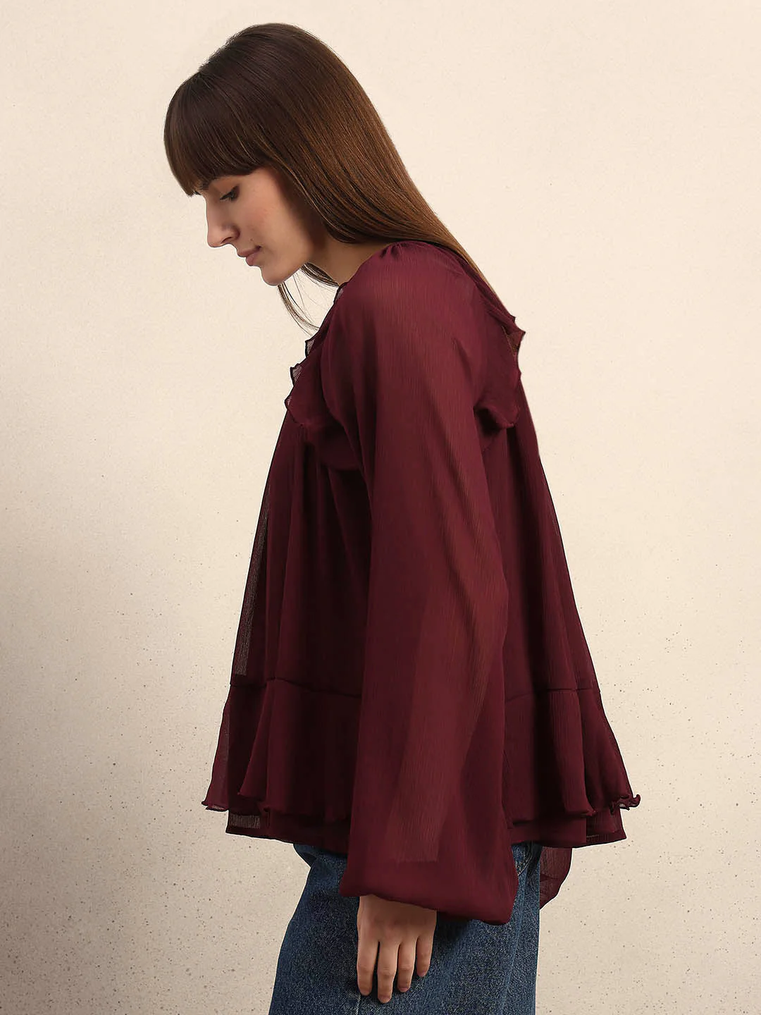 Sheer Ruffle Top - Maroon - Image 3